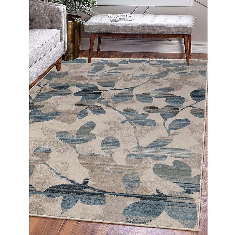 SUPERIOR Indoor Large Area Rug Leaf and Vine Modern Throw Decor for Bedroom Living Room KitchenDining Office Entryway Hardwood Floor Jute Backed Mahonia Collection 5x8 CreamBlue