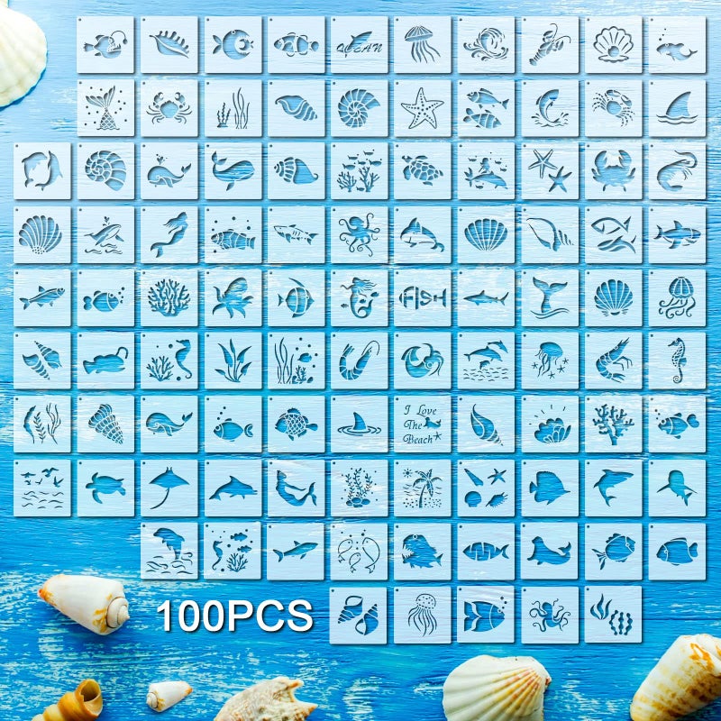 100 قطعة قوالب للرسم على الخشب قوالب قابلة لإعادة الاستخدام قوالب رسم ورق حائط للاحتفالات لعمل دفاتر القصاصات المنزلية 2 × 2 بوصة حياة بحرية