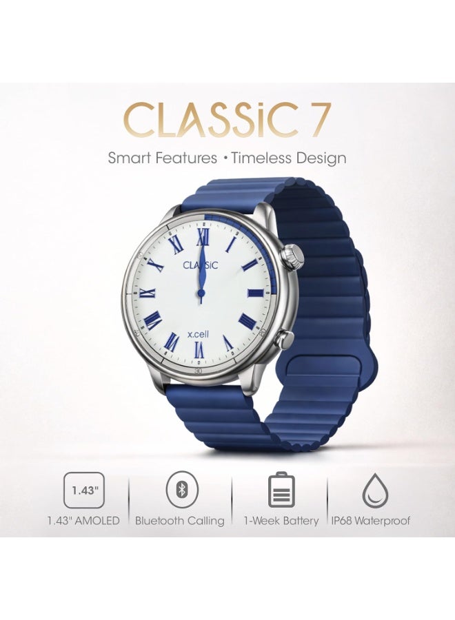 Xcell ساعة Xcell Classic7 الذكية للرجال والنساء – 1.43 بوصة AMOLED بقرص روماني، مكالمات بلوتوث، تتبع معدل ضربات القلب وSpO2، IP68، بطارية لمدة 7 أيام، العربية/الفارسية/الإنجليزية، iOS وAndroid (أزرق) - Image 2