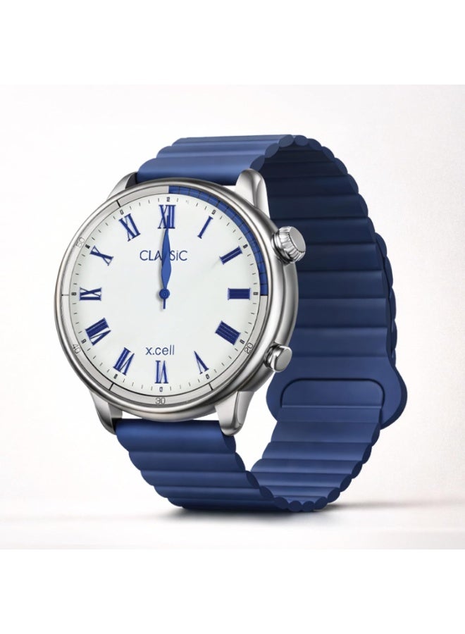 Xcell ساعة Xcell Classic7 الذكية للرجال والنساء – 1.43 بوصة AMOLED بقرص روماني، مكالمات بلوتوث، تتبع معدل ضربات القلب وSpO2، IP68، بطارية لمدة 7 أيام، العربية/الفارسية/الإنجليزية، iOS وAndroid (أزرق) - Image 1