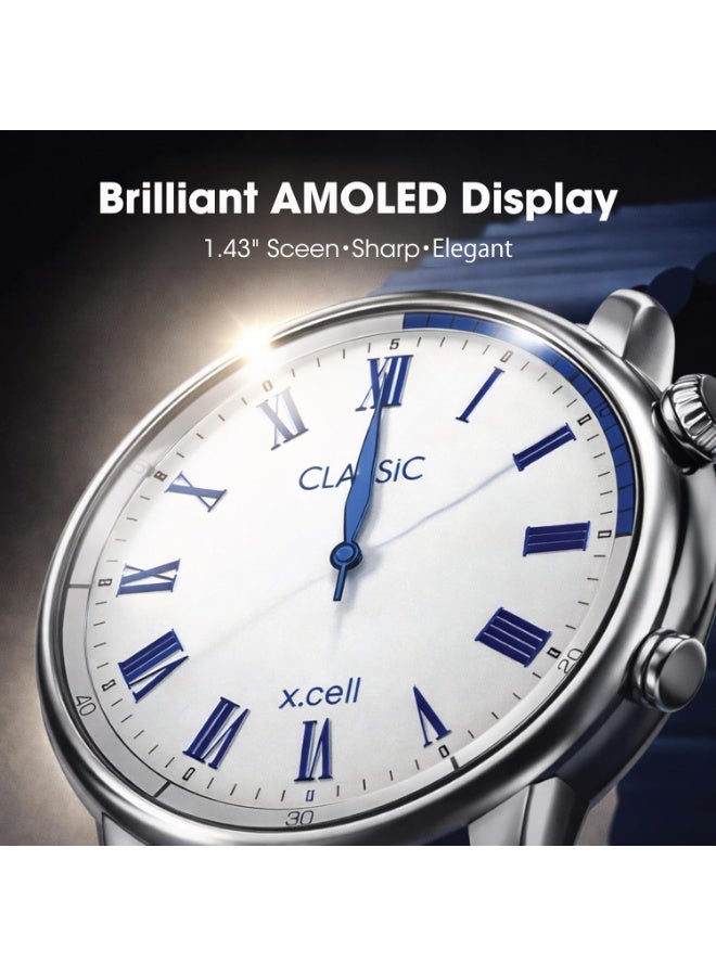 Xcell ساعة Xcell Classic7 الذكية للرجال والنساء – 1.43 بوصة AMOLED بقرص روماني، مكالمات بلوتوث، تتبع معدل ضربات القلب وSpO2، IP68، بطارية لمدة 7 أيام، العربية/الفارسية/الإنجليزية، iOS وAndroid (أزرق) - Image 3