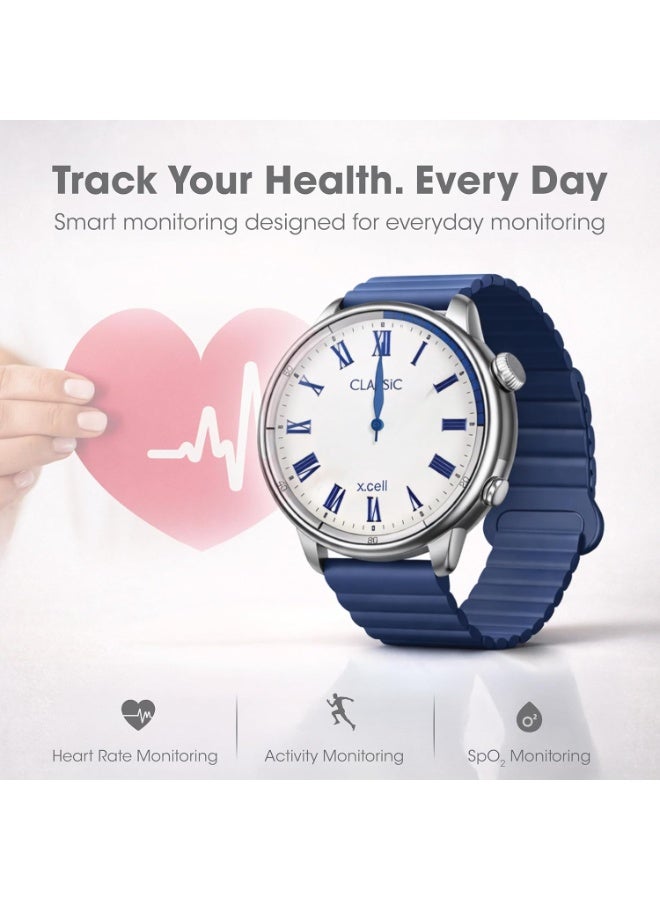 Xcell ساعة Xcell Classic7 الذكية للرجال والنساء – 1.43 بوصة AMOLED بقرص روماني، مكالمات بلوتوث، تتبع معدل ضربات القلب وSpO2، IP68، بطارية لمدة 7 أيام، العربية/الفارسية/الإنجليزية، iOS وAndroid (أزرق) - Image 5