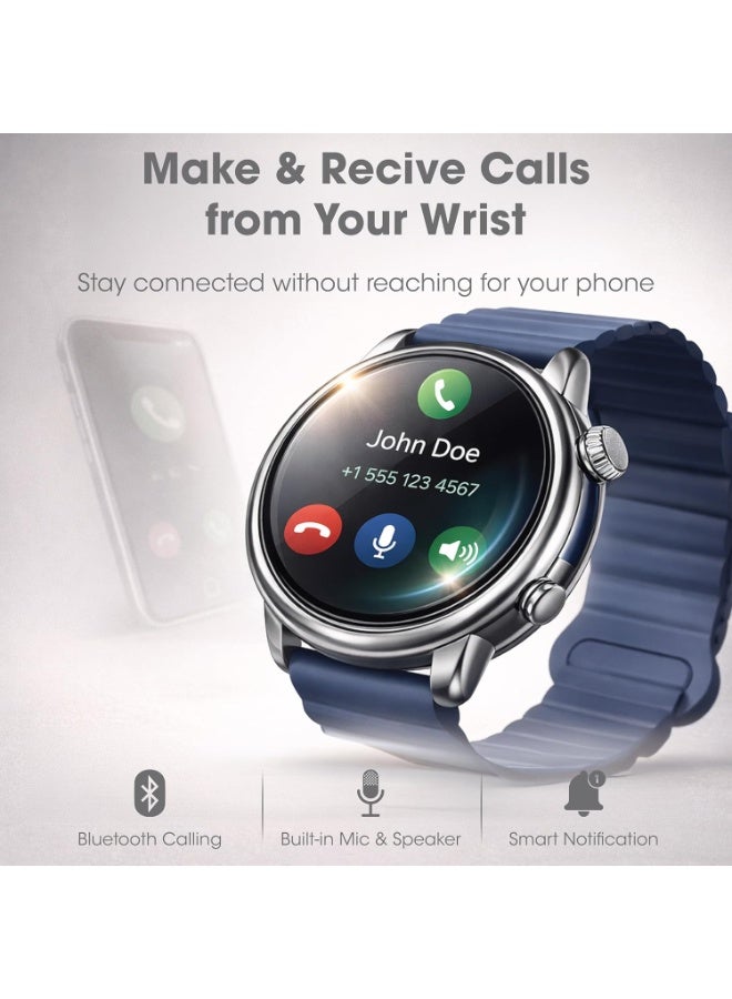 Xcell ساعة Xcell Classic7 الذكية للرجال والنساء – 1.43 بوصة AMOLED بقرص روماني، مكالمات بلوتوث، تتبع معدل ضربات القلب وSpO2، IP68، بطارية لمدة 7 أيام، العربية/الفارسية/الإنجليزية، iOS وAndroid (أزرق) - Image 4