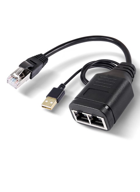 Ethernet Splitter 1 to 2 Adapter RJ45 Splitter High-Speed LAN Distributor Connector with USB Power Cable-30cm RJ45 1 Male to 2Female Network Adapter 8P8C 100Mbps for Cat5 5e 6 7 Ethernet Cable