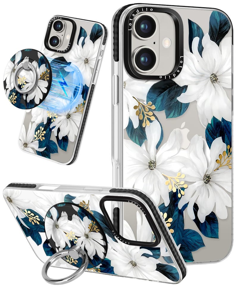Lotadilo Case for iPhone 17 Case Compatible with Magsafe Ring Holder Stand - for Women Blue Flower Design TPU Phone Cover for Girls Girly Funny Fashion - Image 1