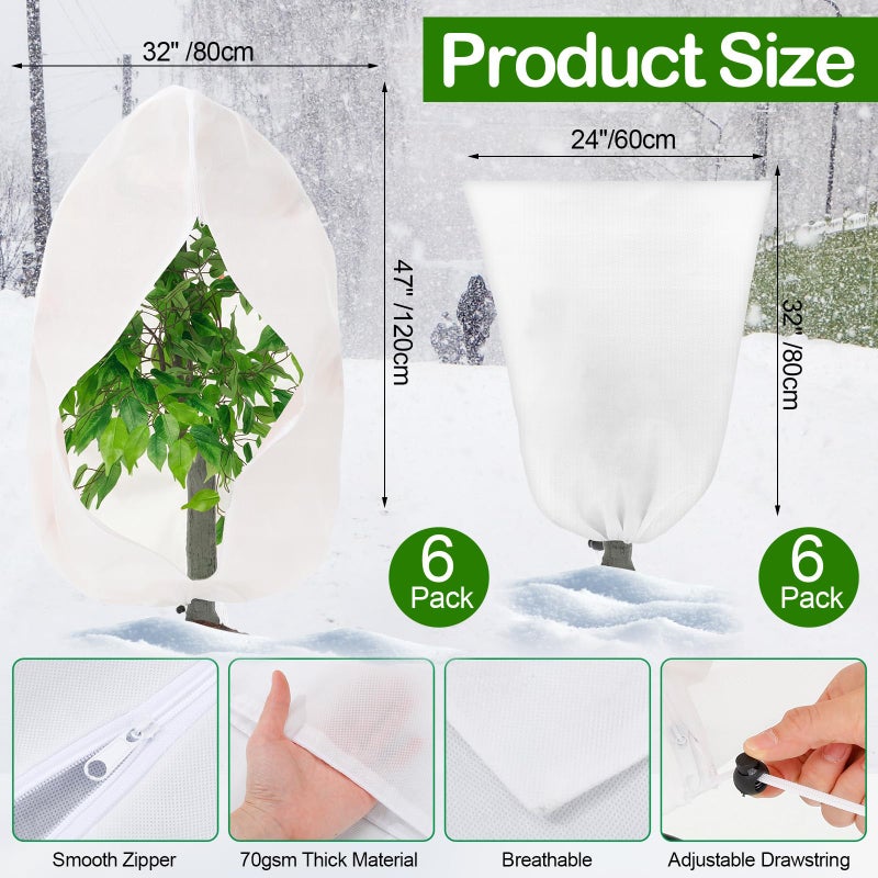 Wesnoy 12 Pack Winter Plant Covers Freeze Protection 2 Size 47" x 32" and 24" x 32" Winter Frost Cloths Blankets with Zipper Drawstring Tree Covers for Outdoor Plants Shrubs Potted Trees (White) - Image 2