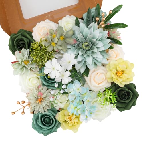 Floweroyal Artificial Flowers Combo Green Flowers Mix Silk Flowers Dahlia Roses with Stems for DIY Wedding Bridal Bouquets, Baby Shower, Floral Arrangement, Table Centerpieces, Home Decorations. - Image 1