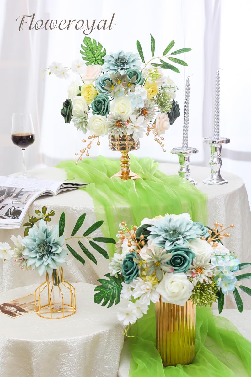 Floweroyal Artificial Flowers Combo Green Flowers Mix Silk Flowers Dahlia Roses with Stems for DIY Wedding Bridal Bouquets, Baby Shower, Floral Arrangement, Table Centerpieces, Home Decorations. - Image 4