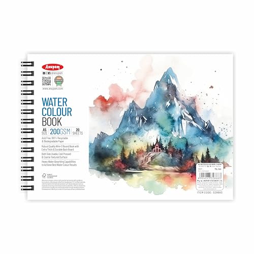 Anupam Watercolour Book 200GSM Natural White Paper with Grained Surface Usable on Both Side 40 Pages A5 for Watercolour, Gouache, Ink, Acrylic, Wet & Mixed Media, Art Painting, Drawing - Image 1