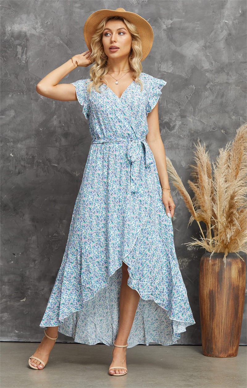 GRECERELLE Women's Summer Floral Print Cross V Neck Dress Bohemian Flowy Long Maxi Dress(Large, FP Floret Blue) - Image 4