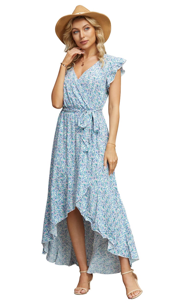 GRECERELLE Women's Summer Floral Print Cross V Neck Dress Bohemian Flowy Long Maxi Dress(Large, FP Floret Blue) - Image 1