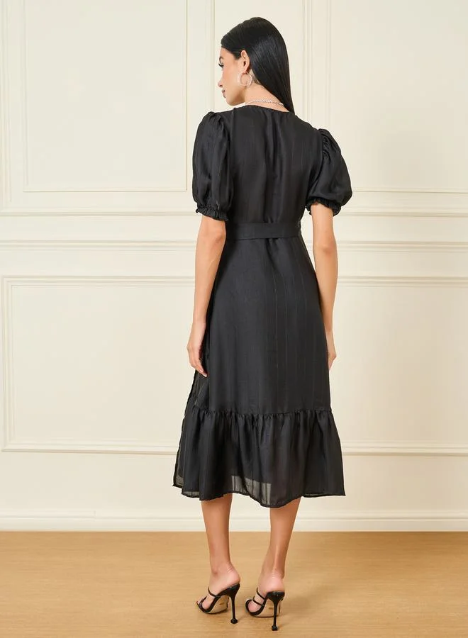 Styli Lurex Striped Ruffle Hem Wrap Midi Dress