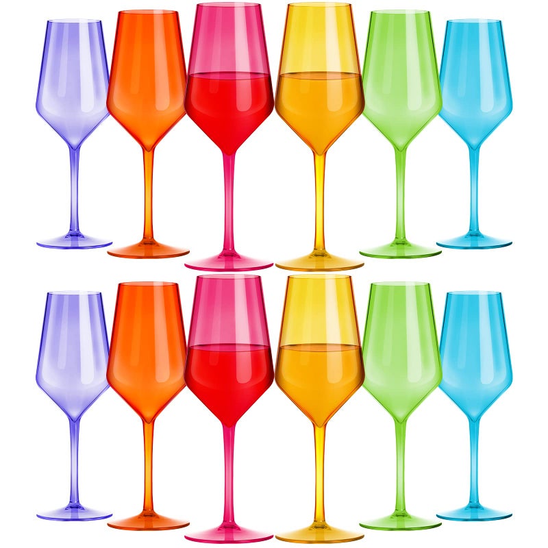 Shellwei Plastic Wine Glass Colorful Plastic Goblets Stemmed Drinking Glasses Reusable Wine Glasses Set Drinkware for Party Wedding Restaurant Anniversary Christmas Birthday 6 Colors12 Pieces