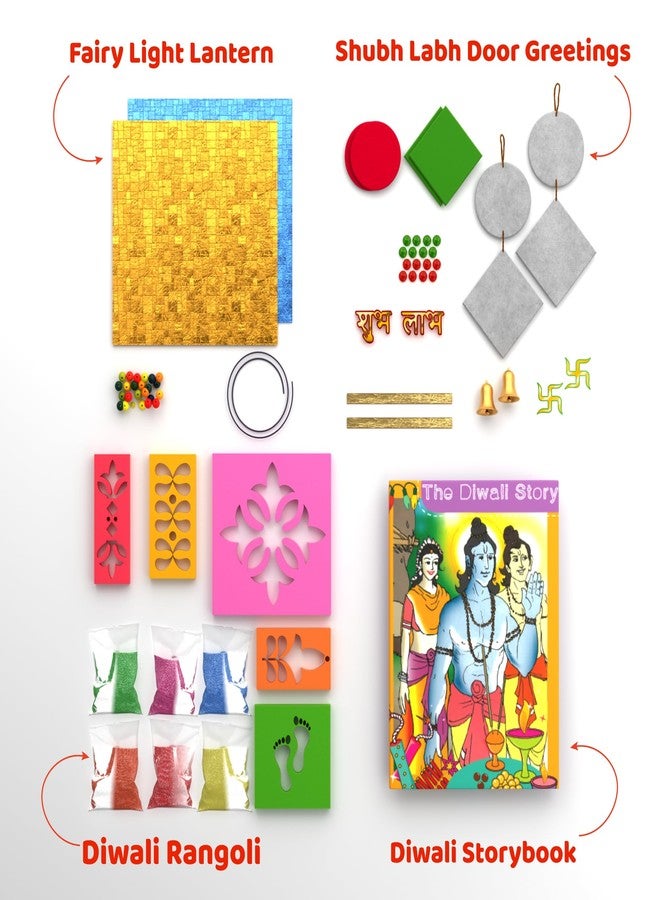 jackinthebox Diwali 4-in-1 Craft Kit for Kids & Adults, Great Diwali Gift for Girls, Boys 5 Years and up, 4 Activities - Rangoli, Shubh Labh Door Greetings, Diwali Lantern & Diwali Story Book - Image 2