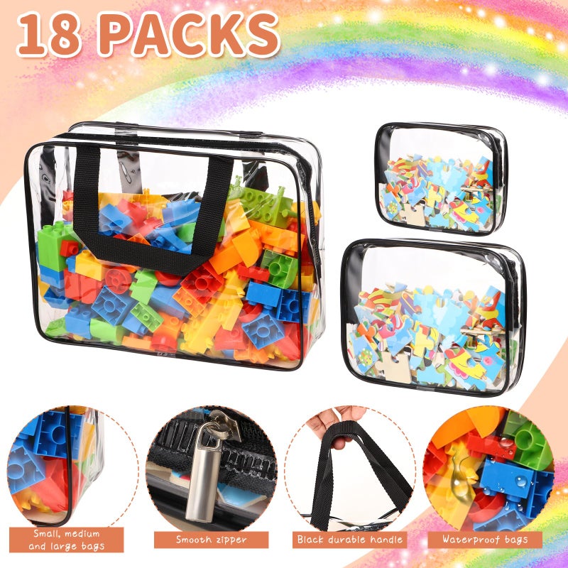 MBJZSL 18 Packs Toy Storage Bags with Labels, Clear PVC Puzzle Storage Bags, Waterproof Travel Toy Organizer Bags with Zipper for Building Blocks Kids Books (3 Size) - Image 3