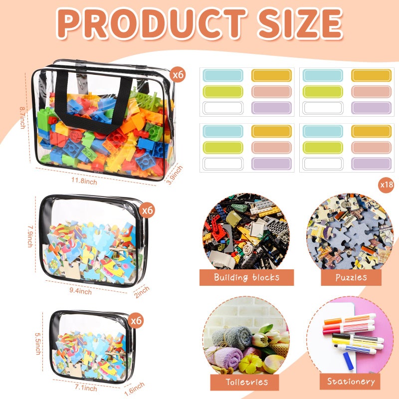 MBJZSL 18 Packs Toy Storage Bags with Labels, Clear PVC Puzzle Storage Bags, Waterproof Travel Toy Organizer Bags with Zipper for Building Blocks Kids Books (3 Size) - Image 2
