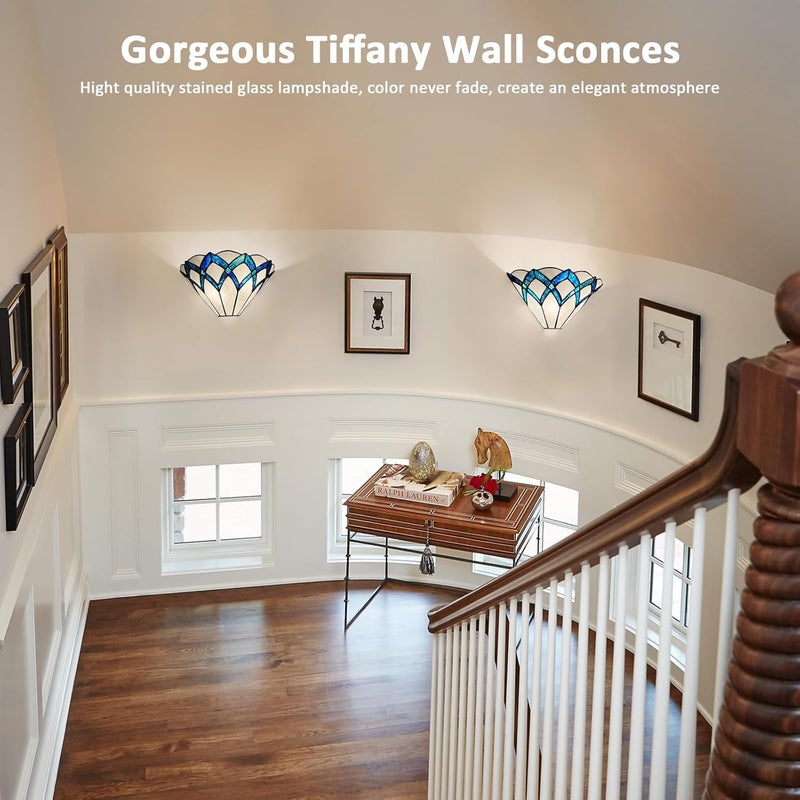 ARTZONE Tiffany Wall Sconces 13 Inches Vintage Tiffany Style Wall Sconces Stained Glass Wall Light for BedroomBathroomLivingroomCorridorStairwayBlue - Image 2