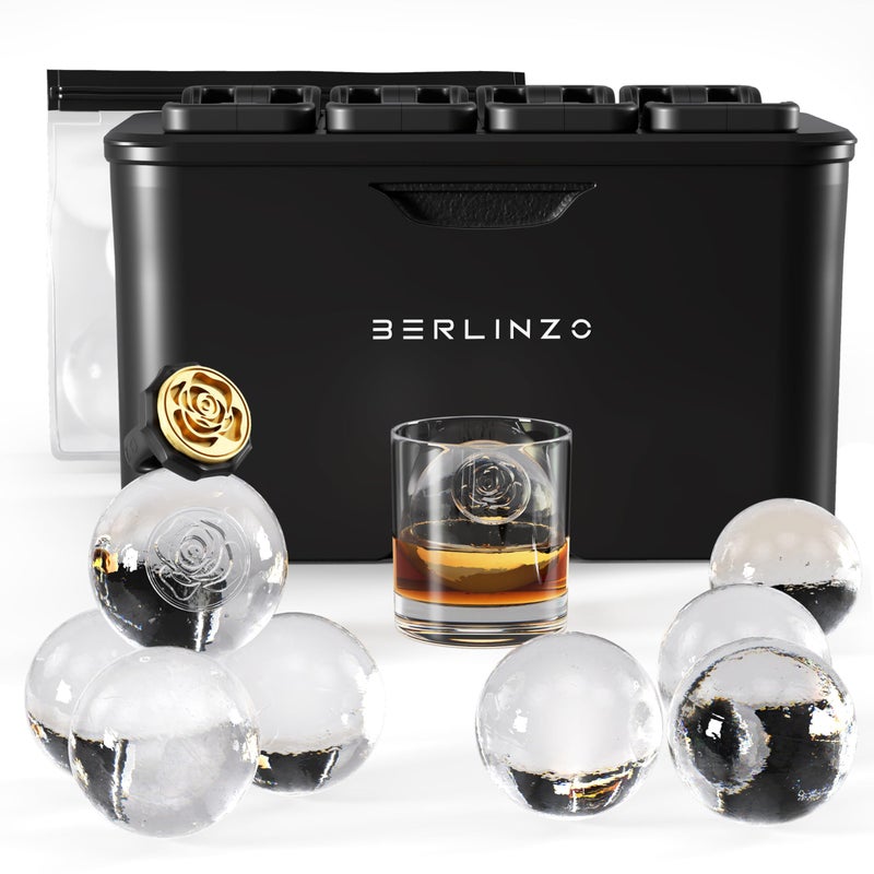 Berlinzo Premium Clear Ice Ball Maker - 8 Large 2.4" Crystal Clear Ice Balls for Whiskey, Cocktails & Bourbon - Easy-to-Remove Mold for Ice Spheres, XL Storage Bag & Ice Stamp Press Ring B Included - Image 1