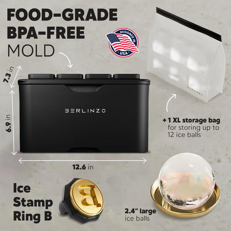 Berlinzo Premium Clear Ice Ball Maker - 8 Large 2.4" Crystal Clear Ice Balls for Whiskey, Cocktails & Bourbon - Easy-to-Remove Mold for Ice Spheres, XL Storage Bag & Ice Stamp Press Ring B Included - Image 3