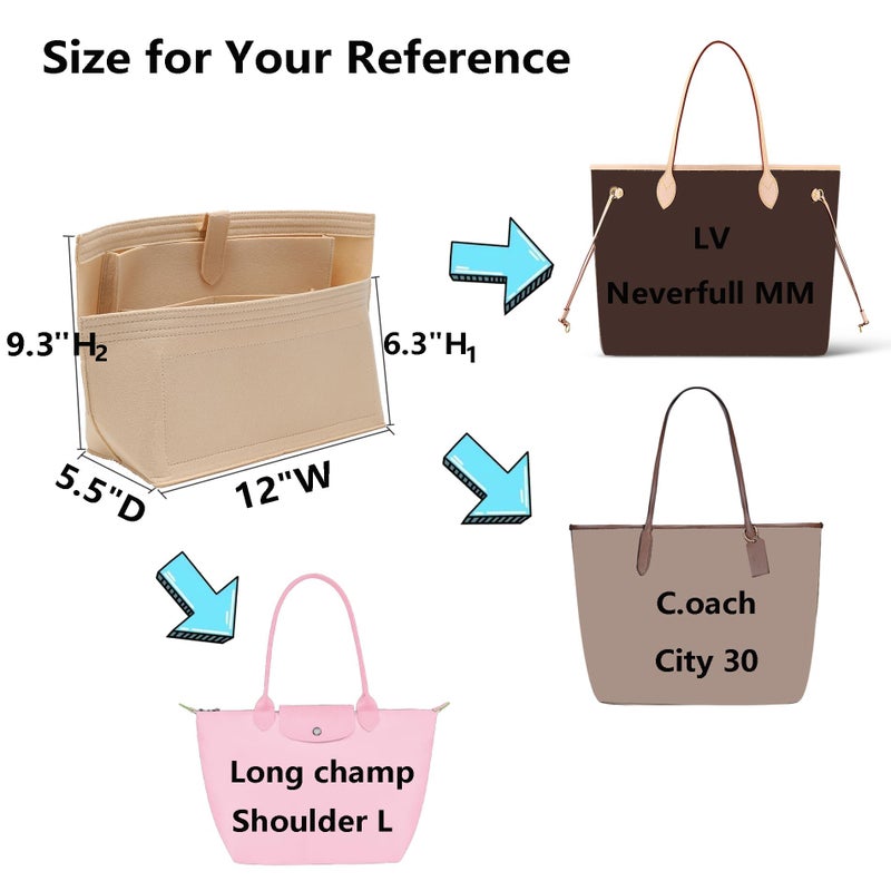 Doxo Purse Organizer Insert for Handbags, Tote Bag Insert Organizers with Laptop Compartment/Cup Holder, Softened Felt Compatible with LV Neverfull MM(Beige,Upgrade) - Image 2