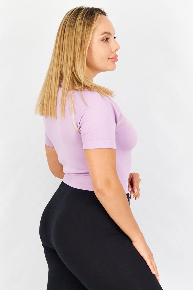 ODolls Sport Women Sportswear Fit Short Sleeve Training Crop Top, Lilac - Image 2