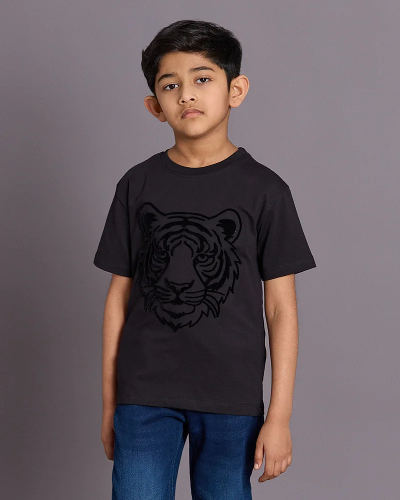 REDTAG Boys Black Embellished T-Shirt