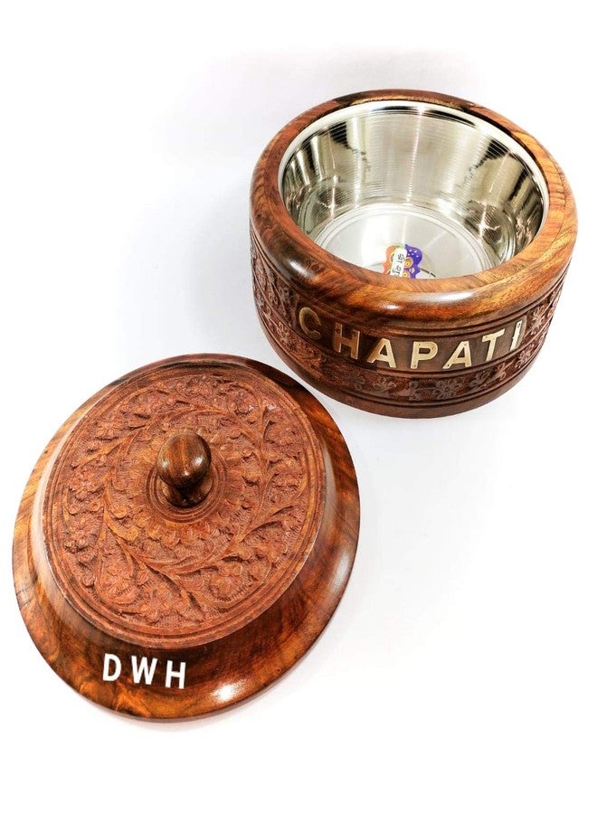 DWH Deluxe Wood Handicrafts Wood Hand Work Chapati/Puri/Paratha Box Casserole with Lid and Brass Written Chapati Letter (Brown, 1500 ml) - Image 4