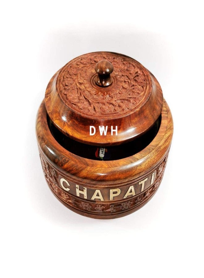 DWH Deluxe Wood Handicrafts Wood Hand Work Chapati/Puri/Paratha Box Casserole with Lid and Brass Written Chapati Letter (Brown, 1500 ml) - Image 1