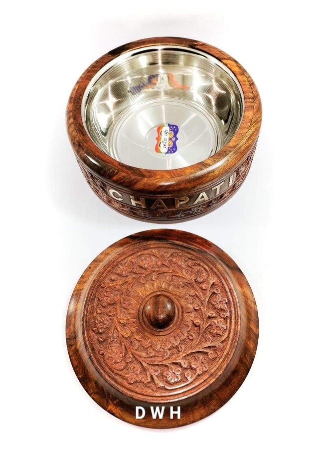 DWH Deluxe Wood Handicrafts Wood Hand Work Chapati/Puri/Paratha Box Casserole with Lid and Brass Written Chapati Letter (Brown, 1500 ml) - Image 5