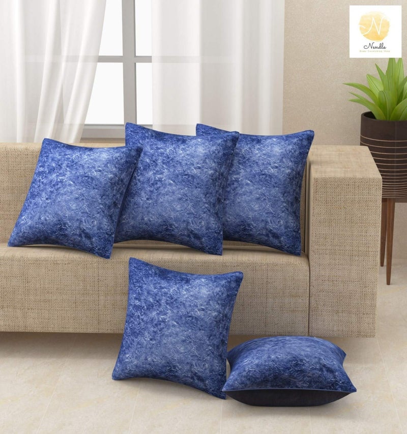 Nendle Velvet Plain Decorative Soft Texture Cushion Cover - Pack of 5, 16x16 Inch | Soft Smooth Solid Fabric | Square Pillow Covers for Bed, Sofa, Office Chair & Seat, Home Décor (Blue) - Image 1
