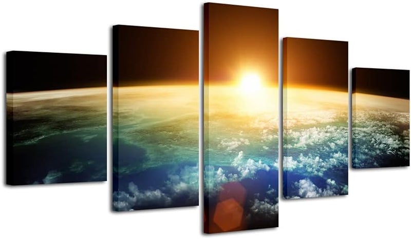 Pyradecor The Earth Large 5 Panels Modern Gallery Wrapped Landscape Canvas Print Space Pictures on Canvas Wall Art Work Ready to Hang for Living Room Bedroom Home Office Decor L - Image 1