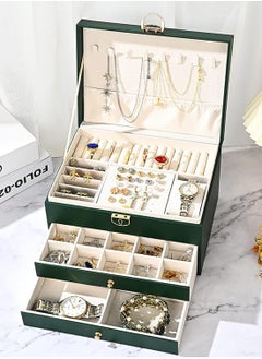 URbazaar Jewelry Box Organizer for Women, 3 Layer Jewelry Storage Box Case with Lock, Travel Jewelry Box for Girl's Necklaces Earrings Bracelets Rings Watches, 2Drawers (Dark Green)  - Image 1