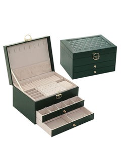 URbazaar Jewelry Box Organizer for Women, 3 Layer Jewelry Storage Box Case with Lock, Travel Jewelry Box for Girl's Necklaces Earrings Bracelets Rings Watches, 2Drawers (Dark Green)  - Image 2