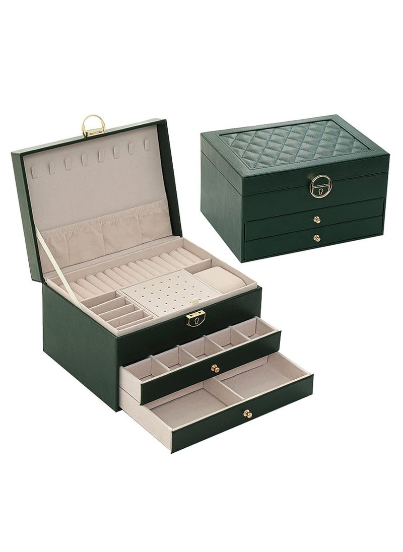 URbazaar Jewelry Box Organizer for Women, 3 Layer Jewelry Storage Box Case with Lock, Travel Jewelry Box for Girl's Necklaces Earrings Bracelets Rings Watches, 2Drawers (Dark Green)  - Image 2
