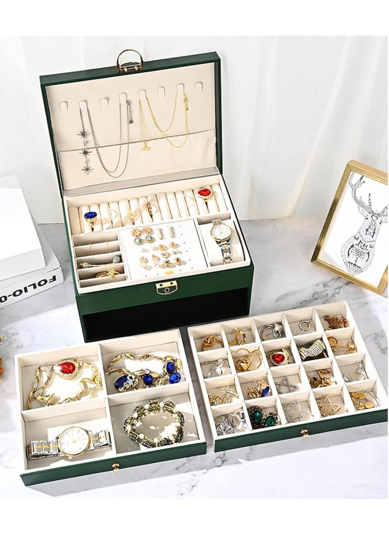 URbazaar Jewelry Box Organizer for Women, 3 Layer Jewelry Storage Box Case with Lock, Travel Jewelry Box for Girl's Necklaces Earrings Bracelets Rings Watches, 2Drawers (Dark Green)  - Image 3