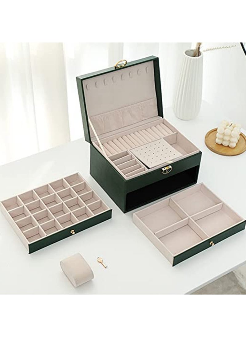 URbazaar Jewelry Box Organizer for Women, 3 Layer Jewelry Storage Box Case with Lock, Travel Jewelry Box for Girl's Necklaces Earrings Bracelets Rings Watches, 2Drawers (Dark Green)  - Image 4