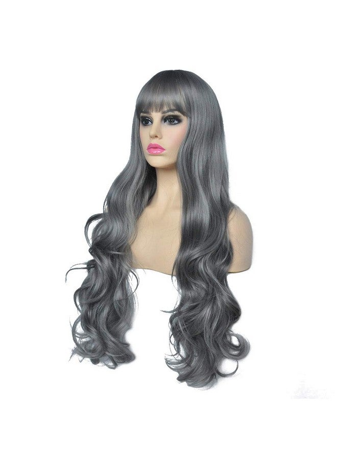SYXLCYGG Wigs Womenlong Grey Wig 28" Curly Silver Synthetic Womens Daily Wigs With Bangs Real Hair Wig White Wavy Part Costumes Wig Girls Ladies Natural(Free Wig Cap) - Image 3