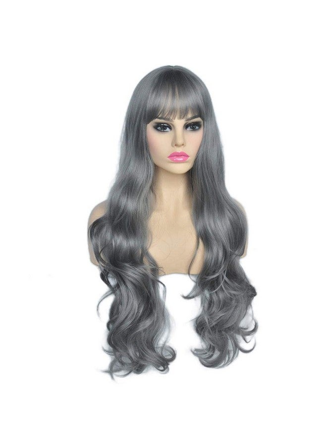 SYXLCYGG Wigs Womenlong Grey Wig 28" Curly Silver Synthetic Womens Daily Wigs With Bangs Real Hair Wig White Wavy Part Costumes Wig Girls Ladies Natural(Free Wig Cap) - Image 2