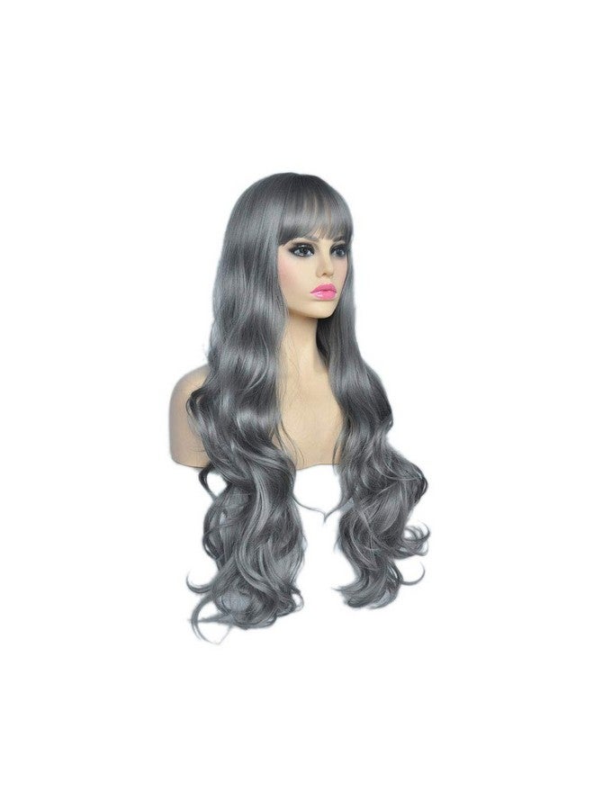 SYXLCYGG Wigs Womenlong Grey Wig 28" Curly Silver Synthetic Womens Daily Wigs With Bangs Real Hair Wig White Wavy Part Costumes Wig Girls Ladies Natural(Free Wig Cap) - Image 4