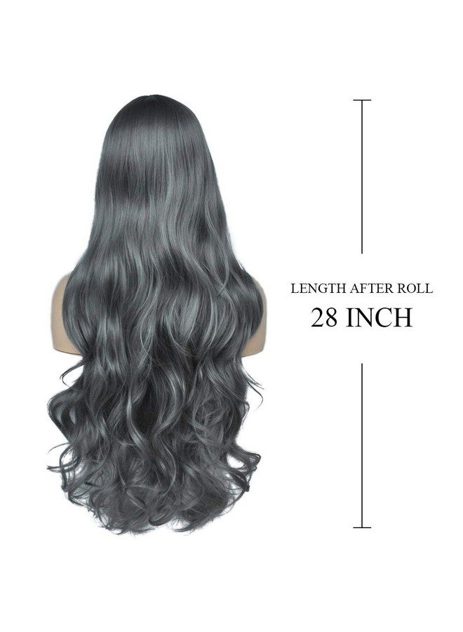 SYXLCYGG Wigs Womenlong Grey Wig 28" Curly Silver Synthetic Womens Daily Wigs With Bangs Real Hair Wig White Wavy Part Costumes Wig Girls Ladies Natural(Free Wig Cap) - Image 5