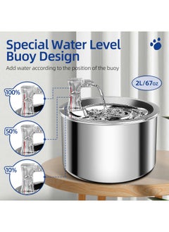 KASTWAVE Cat Water Fountain, Stainless Steel Pet Water Fountain for Cats Inside Ultra-Quiet Pump, 2L/67oz Automatic Dog Dispenser Water Bowl, Multiple Pets Water Fountain  - Image 2