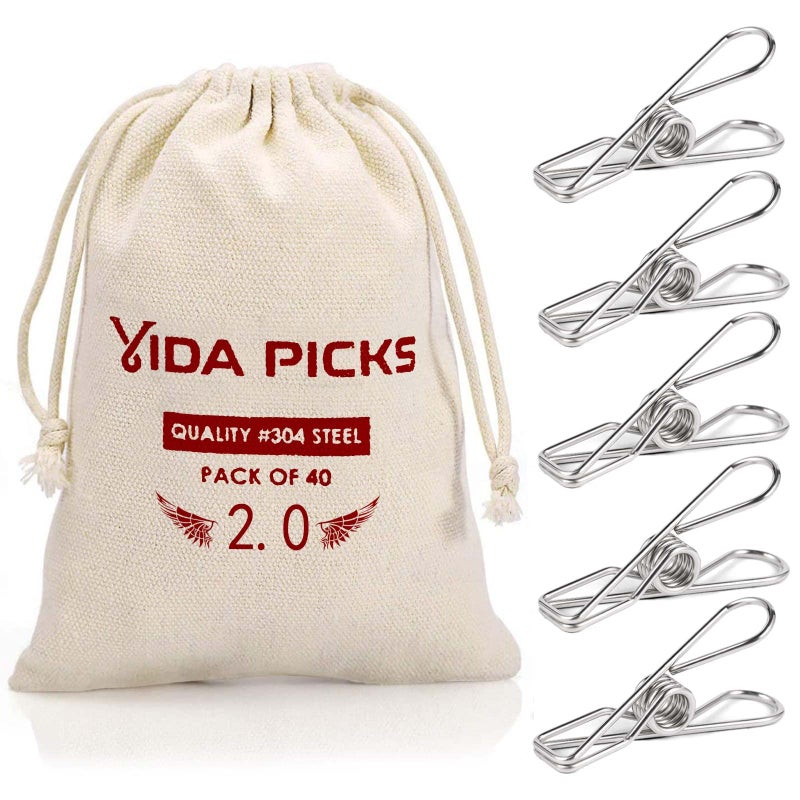 Vida Picks 40 Pack Wire Clothes Pins Heavy Duty Outdoor, Stainless Steel ClothesPins for Hanging Clothes, Metal Clothes Pegs, Clothing Clips, Laundry Pins 2.0mm Diameter 6cm Long - Image 1