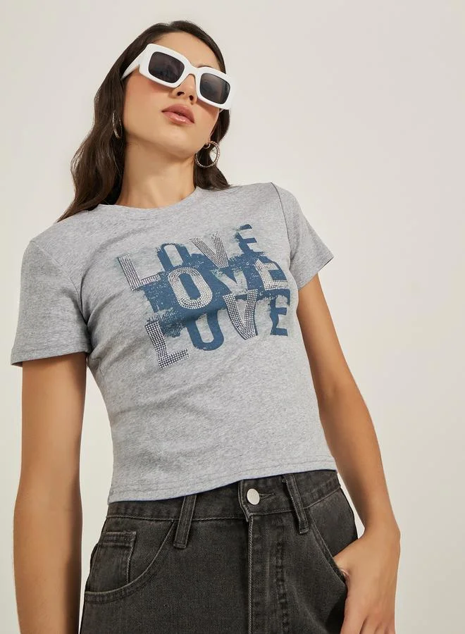 Slogan Print Round Neck Short Sleeve T-Shirt