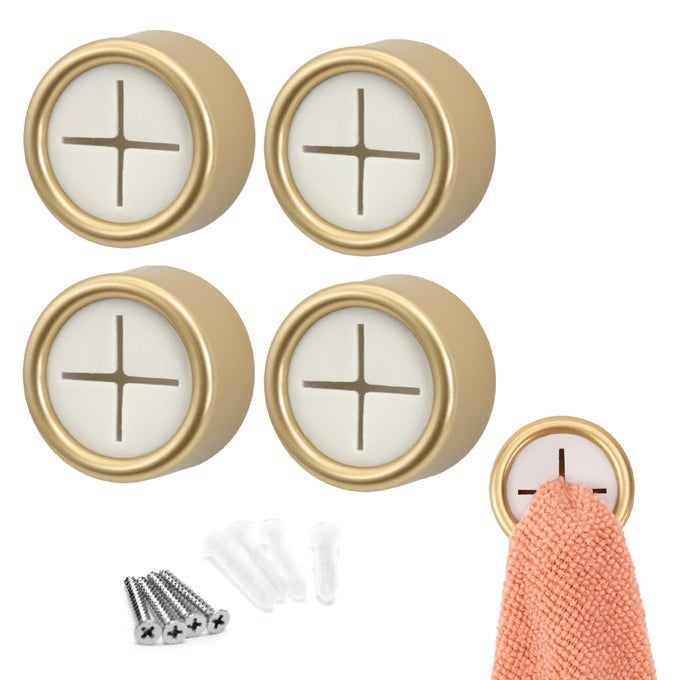 ST INC ROUND ADHESIVE PUSH TOWEL HOOKS FOR KITCHEN HAND AND DISH TOWELS BRUSHED GOLD 4 PACK