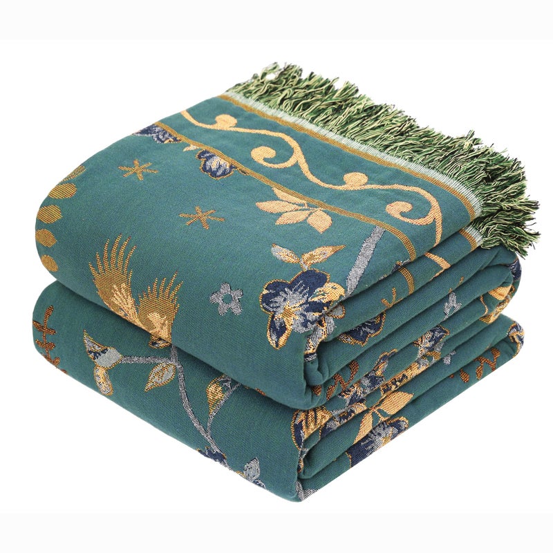 VANJOROY Boho 100 Cotton Large Throw Blanket  All Season Rustic Ultra Soft Breathable Floral Bird Blanket for Bed Sofa Couch Chair Bedspread Quilt Gift 80 x 90TealBeige