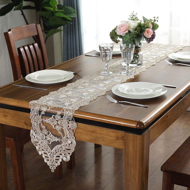 ARTABLE Lace Table Runner Dresser Scarf Macrame Embroidered Table Runners with Exquisite Flower Vintage Shabby Chic for Wedding Holiday Dinning (Champagne, 10 x 47 Inch) - Image 3