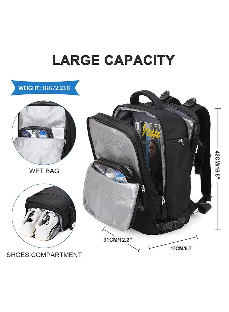 MVAQKLM حقيبة ظهر كبيرة للسفر، للجنسين، سوداء، مقاومة للماء، 25 لترًا، 16.5 بوصة × 12.2 بوصة × 6.69 بوصة، 2.2 رطل، متوافقة مع أجهزة الكمبيوتر المحمولة، منفذ شحن USB، حقيبة مبللة، حجرة منفصلة للأحذية - Image 2