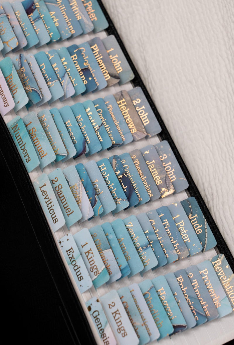 UPAFEXXI-Laminated Bible Tabs (Gold Foil Embossed Lettering), Bible Tabs for Women and Men, Reposition Large Print Stickers, Easy to Read and Apply, 80 Chapters Labels for Easy Navigation(Blue) - Image 1