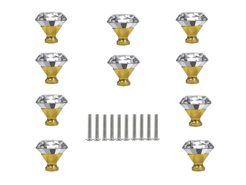 JP Hardware Clear Glass Crystal Shape Cabinet knobs Pack of 10 Polished Finish Round Chrome 30mm Diamond Gold 30mm