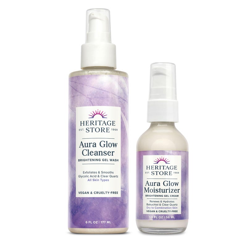 HERITAGE STORE Aura Glow Facial Cleanser, Facial Moisturizer - Daily Skin Care Bundle - Brightening Face Wash, Moisture-Rich Gel Cream, Add Radiance w/Clear Quartz, Vegan, Hypoallergenic, 6oz/1.9oz - Image 1